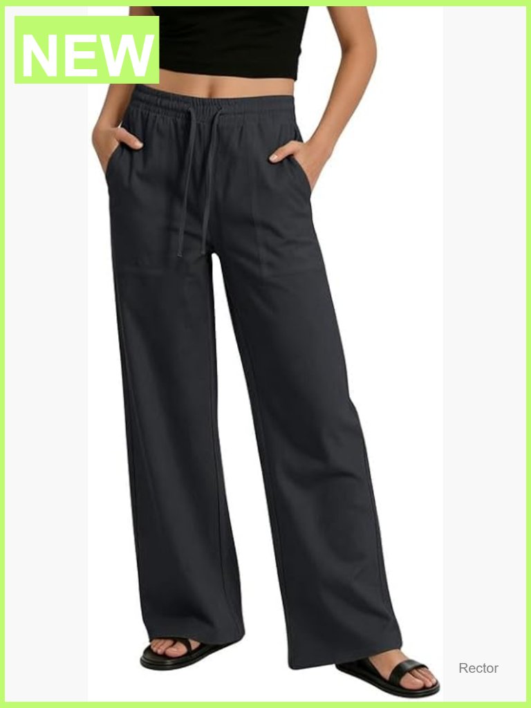 Wide Leg Linen Palazzo Pants With Pockets Drawstring High Rise